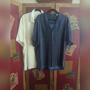 Tommy Bahama Silk Mens XXL 2 Bundle Cream Blue Hawaiian Camp Shirt Palm Tree